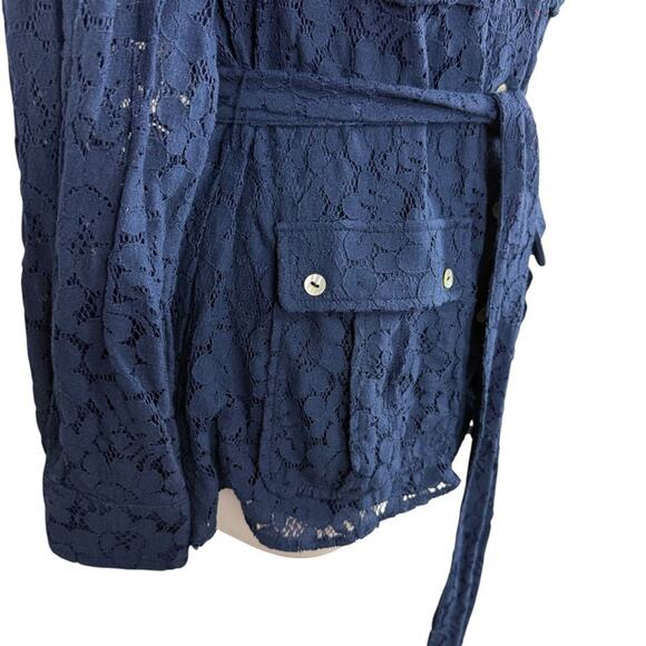 Marla Wynne Collection Navy Lace Sheer Sleeves Belted Button Up Top Blouse sz S - Picture 2 of 16